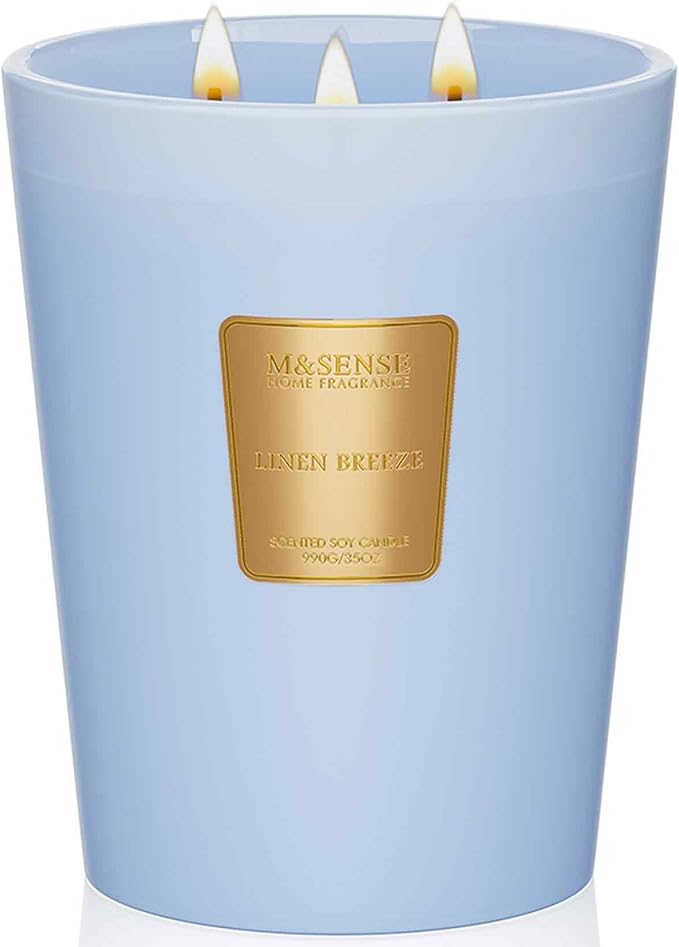 Large Soy Candle Linen Breeze Scented 35oz 150H Burn Time Long Lasting, 3-Wick Natural Aromatherapy Candle, No Toxic Candle