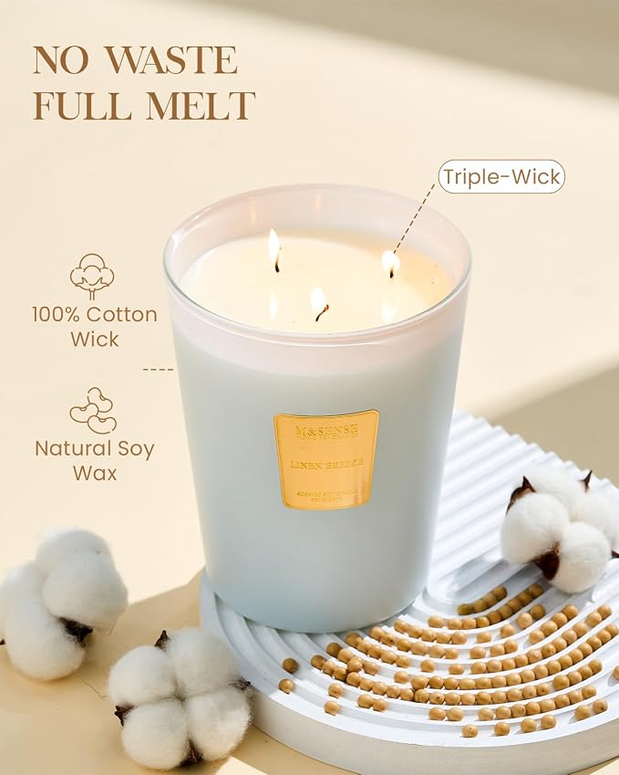 Large Soy Candle Linen Breeze Scented 35oz 150H Burn Time Long Lasting, 3-Wick Natural Aromatherapy Candle, No Toxic Candle