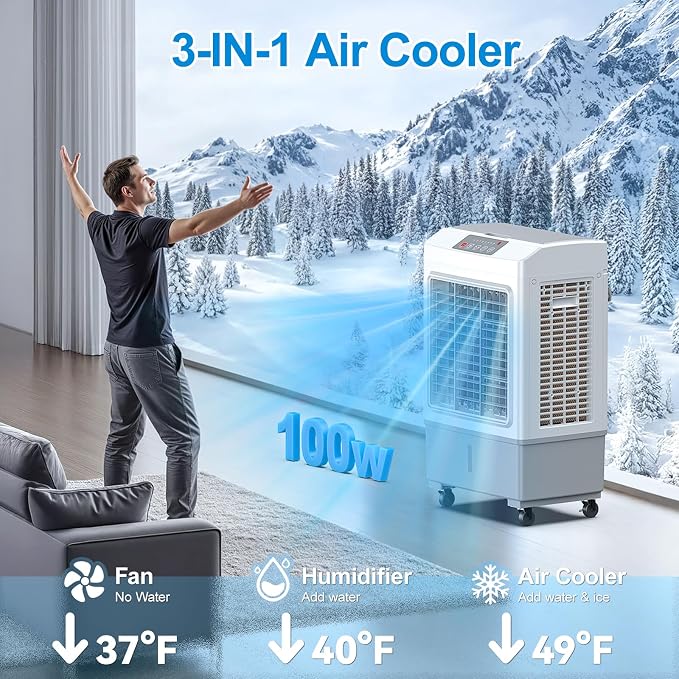 Large Windowless Portable Air Cooler, 3 in 1 Evaporative Swamp Cooler with Remote, Hoseless Ventless Fan Ac Unit, 7H Timer, 8