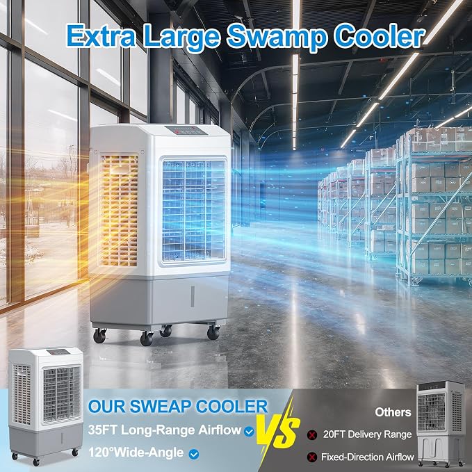 Large Windowless Portable Air Cooler, 3 in 1 Evaporative Swamp Cooler with Remote, Hoseless Ventless Fan Ac Unit, 7H Timer, 8
