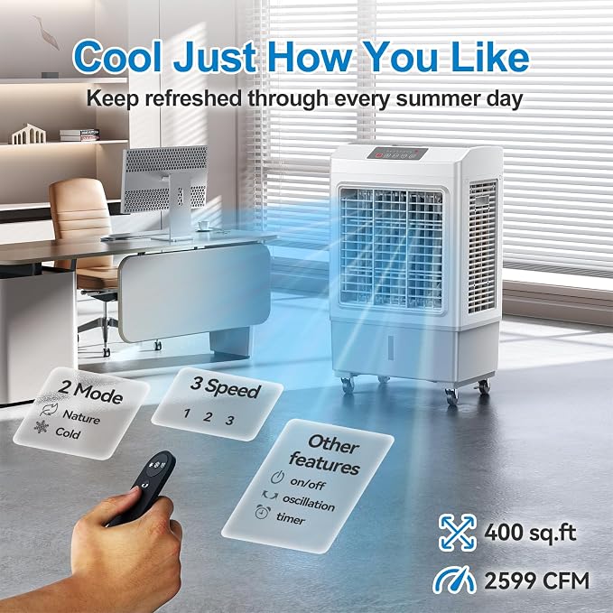 Large Windowless Portable Air Cooler, 3 in 1 Evaporative Swamp Cooler with Remote, Hoseless Ventless Fan Ac Unit, 7H Timer, 8