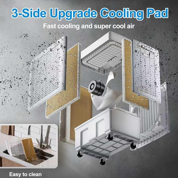 Large Windowless Portable Air Cooler, 3 in 1 Evaporative Swamp Cooler with Remote, Hoseless Ventless Fan Ac Unit, 7H Timer, 8