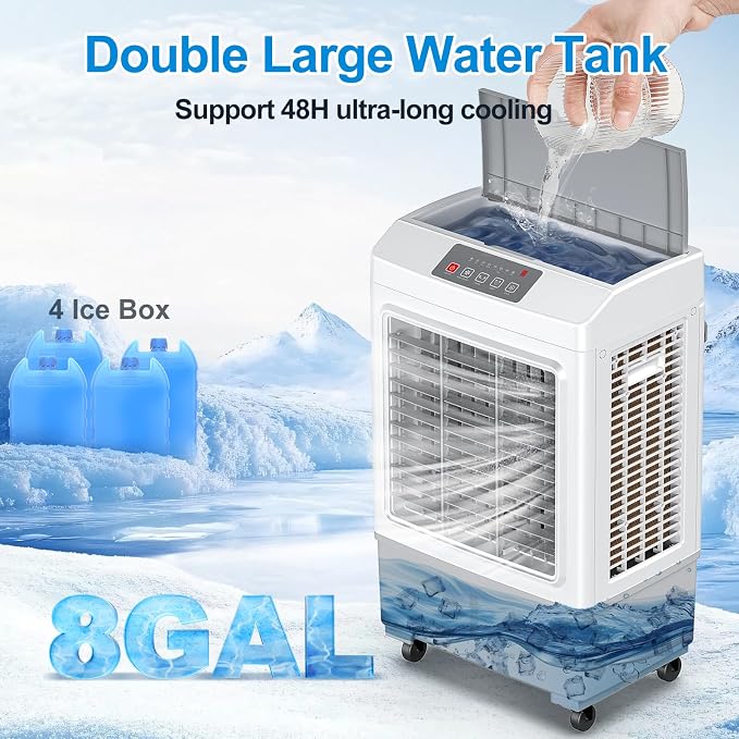 Large Windowless Portable Air Cooler, 3 in 1 Evaporative Swamp Cooler with Remote, Hoseless Ventless Fan Ac Unit, 7H Timer, 8