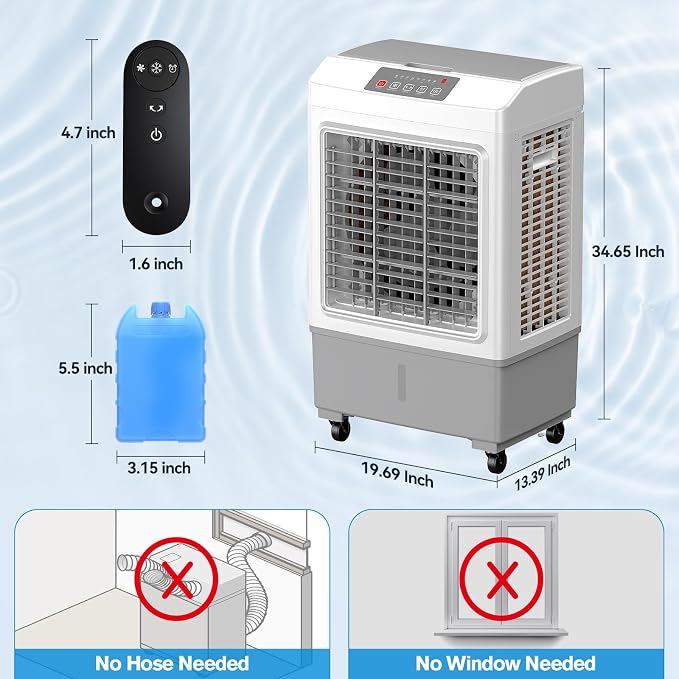 Large Windowless Portable Air Cooler, 3 in 1 Evaporative Swamp Cooler with Remote, Hoseless Ventless Fan Ac Unit, 7H Timer, 8
