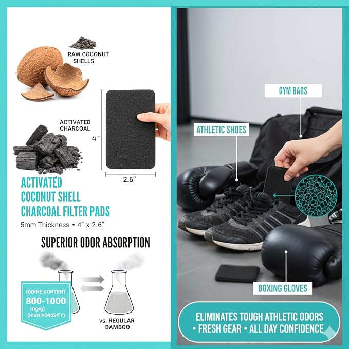 Lasts Up to 3 Years – Wearable Shoe Deodorizer Pad- Coconut Shell Charcoal Odor Absorber for Shoes, Gym Bags, Boxing Gloves