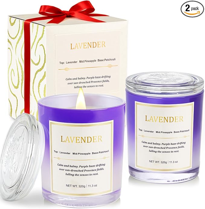 Lavender Candle Gift Set – 2 Pack Wood Wick Soy Wax Scented Candles with Gift Boxes, product image