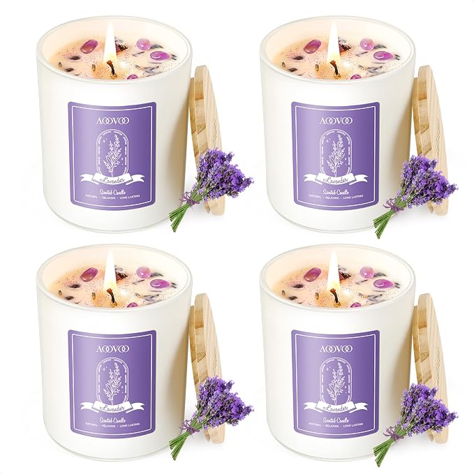 Lavender Candles Set for Women - 4 Pack Candles for Home Scented, Aromatherapy Candle with Crystals Inside, product image