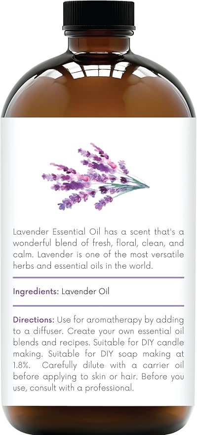 Lavender Essential Oil in Glass Bottle – Huge 16 Fl Oz – 100% Pure and Natural – Premium Grade Oil for Diffuser and