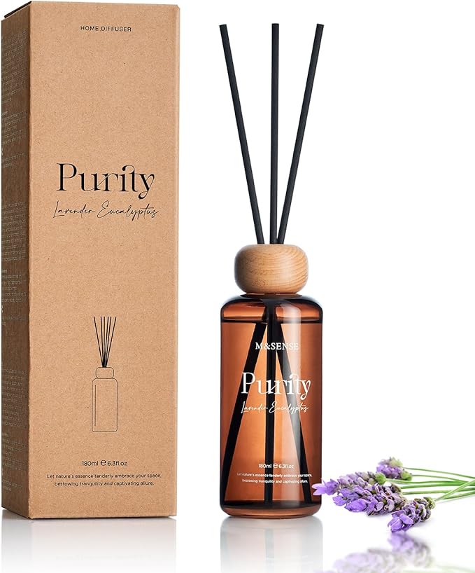 Lavender Eucalyptus Reed Diffuser: 6.3 fl oz made from natural materials Aroma Set with Sticks, Light & Subtle Fragrance