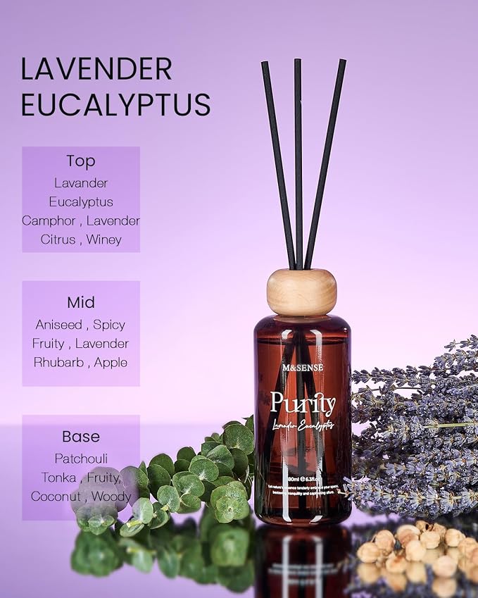 Lavender Eucalyptus Reed Diffuser: 6.3 fl oz made from natural materials Aroma Set with Sticks, Light & Subtle Fragrance