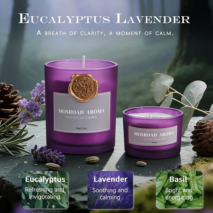Lavender Eucalyptus Scented Candle Set - 2 Packs, Spa Scent Aromatherapy Candles for Stress Relief, Calming Candles for