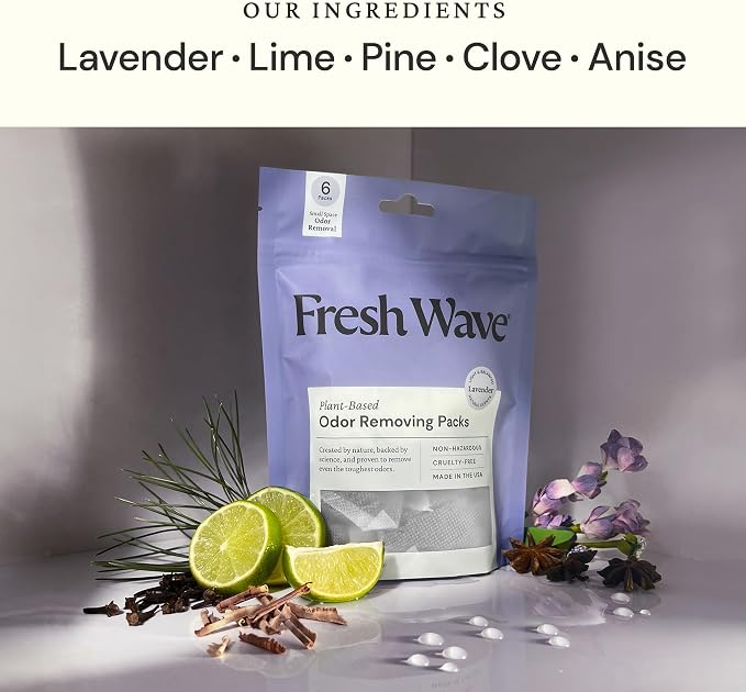 Lavender Odor Eliminating & Deodorizing Packs | Bag of 6 & Fresh Pod Case | Safer Odor Relief for Small Spaces | Natural