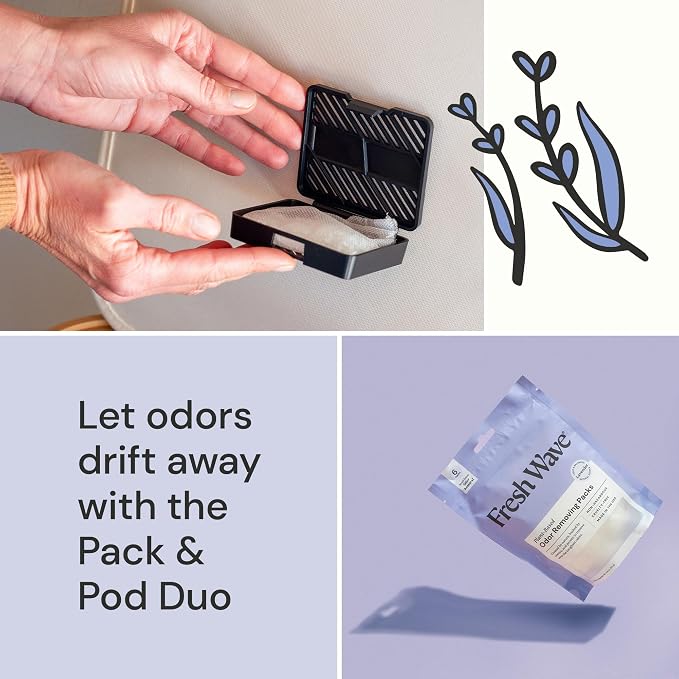 Lavender Odor Eliminating & Deodorizing Packs | Bag of 6 & Fresh Pod Case | Safer Odor Relief for Small Spaces | Natural