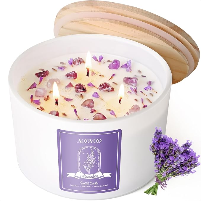 Lavender Scented Candles for Women - 20oz 3 Wick Soy Candles for Home Scented, Aromatherapy Candle with Crystals Inside