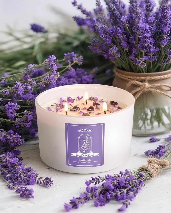 Lavender Scented Candles for Women - 20oz 3 Wick Soy Candles for Home Scented, Aromatherapy Candle with Crystals Inside