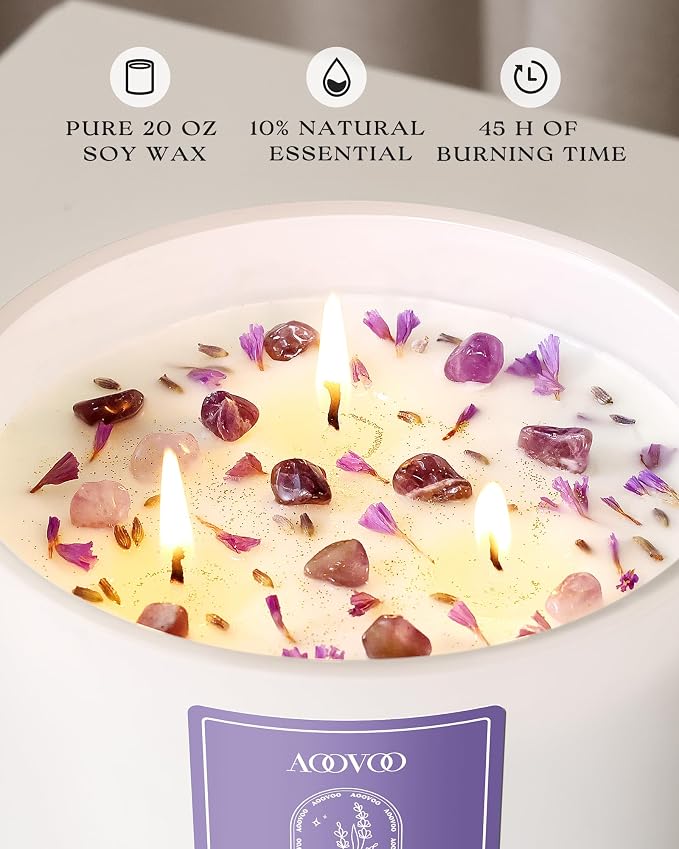 Lavender Scented Candles for Women - 20oz 3 Wick Soy Candles for Home Scented, Aromatherapy Candle with Crystals Inside