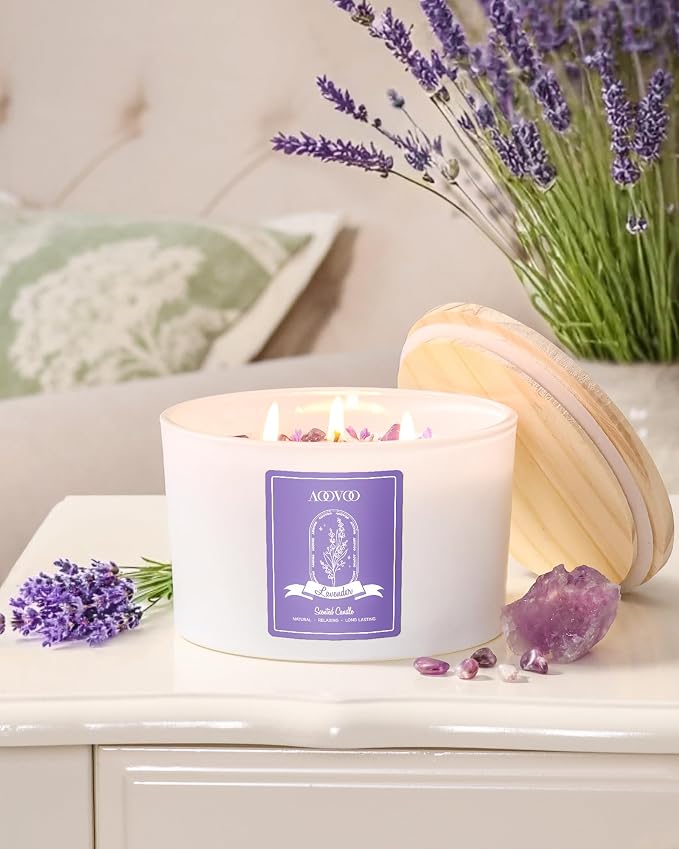 Lavender Scented Candles for Women - 20oz 3 Wick Soy Candles for Home Scented, Aromatherapy Candle with Crystals Inside
