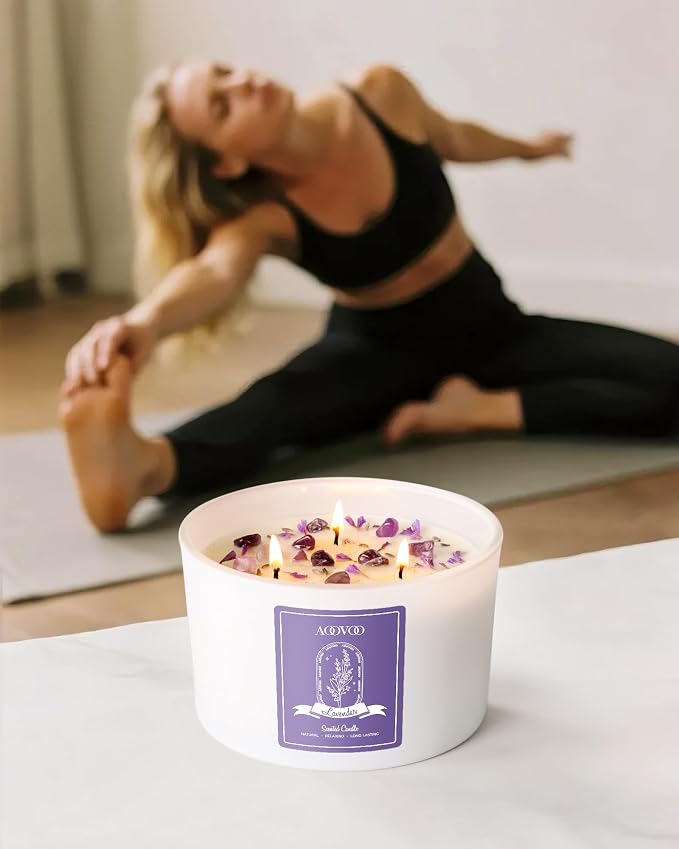 Lavender Scented Candles for Women - 20oz 3 Wick Soy Candles for Home Scented, Aromatherapy Candle with Crystals Inside
