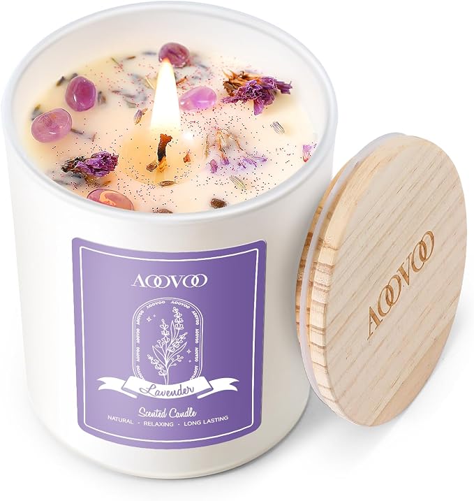 Lavender Scented Candles for Women - Aromatherapy Candle with Crystals Inside, 7oz Soy Candles for Home Scented, product