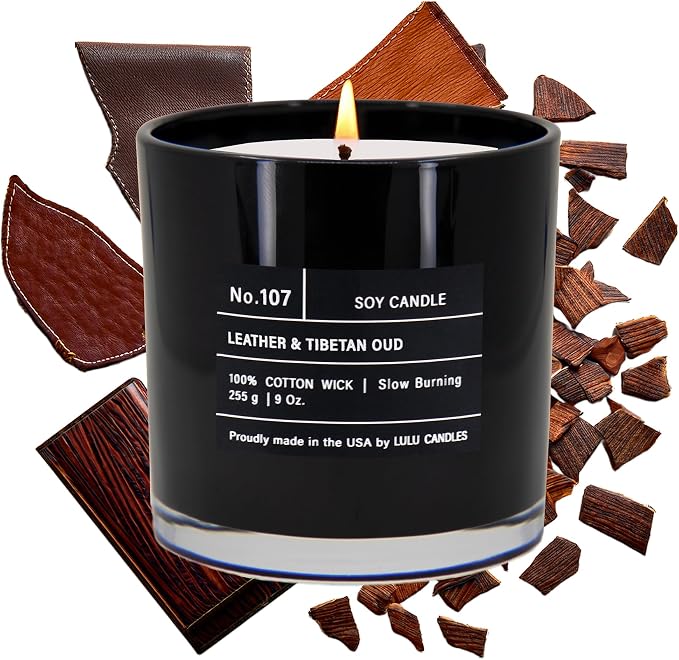 | Leather & Tibetan Oud | Luxury Scented Soy Jar Candle | Hand Poured in The USA | Highly Scented & Long, product image