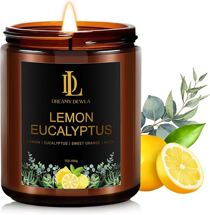 Lemon Eucalyptus Scented Candle, Soy Candles for Home Scented, Amber Jar Candles Gifts for Men Women, 7oz 7oz Glass, product