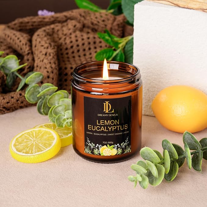 Lemon Eucalyptus Scented Candle, Soy Candles for Home Scented, Amber Jar Candles Gifts for Men Women, 7oz 7oz Glass