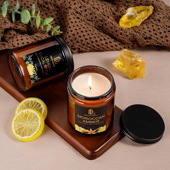 Lemon Eucalyptus Scented Candle, Soy Candles for Home Scented, Amber Jar Candles Gifts for Men Women, 7oz 7oz Glass