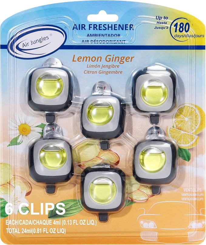 Lemon Ginger Scent Car Air Freshener Clip, 6 Vent Clips, 4ml Each, Long Lasting Air Freshener, product image
