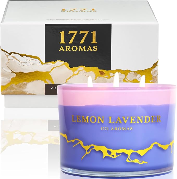 Lemon Lavender Scented Candles - 100% Natural Soy Wax - Large 3 Wick Jar Candle - Up to 50 Hours Burning Time, product image