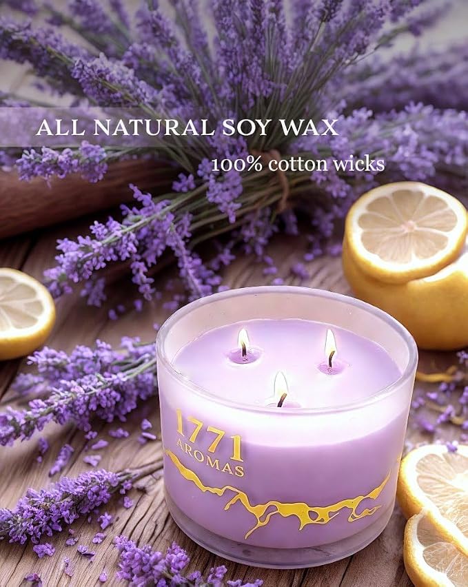 Lemon Lavender Scented Candles - 100% Natural Soy Wax - Large 3 Wick Jar Candle - Up to 50 Hours Burning Time, alternate