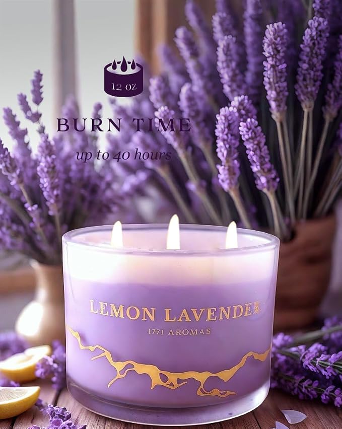Lemon Lavender Scented Candles - 100% Natural Soy Wax - Large 3 Wick Jar Candle - Up to 50 Hours Burning Time, alternate