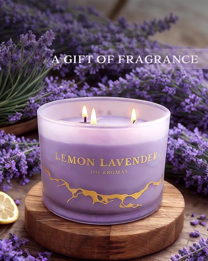 Lemon Lavender Scented Candles - 100% Natural Soy Wax - Large 3 Wick Jar Candle - Up to 50 Hours Burning Time, alternate