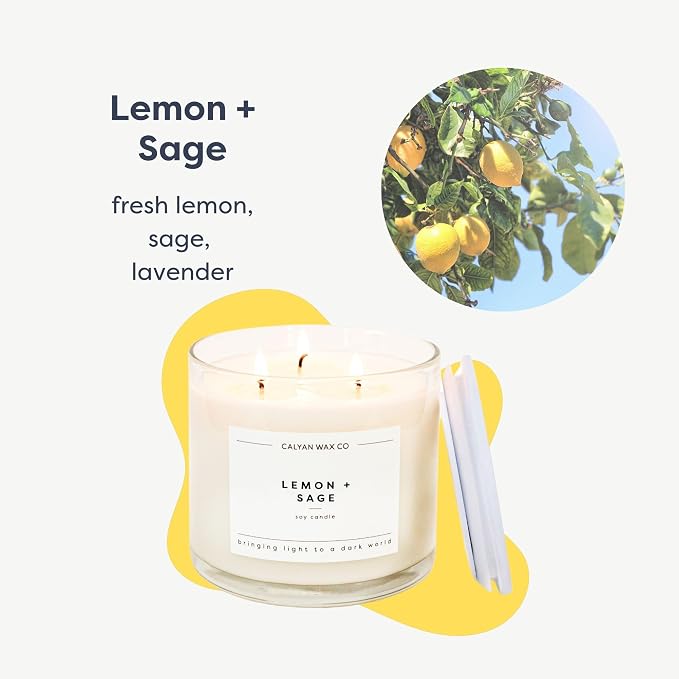. Lemon & Sage 3 Wick Scented Candle - 43 Hour Burn - Luxury 3 Wick Soy Candles, alternate product view 2