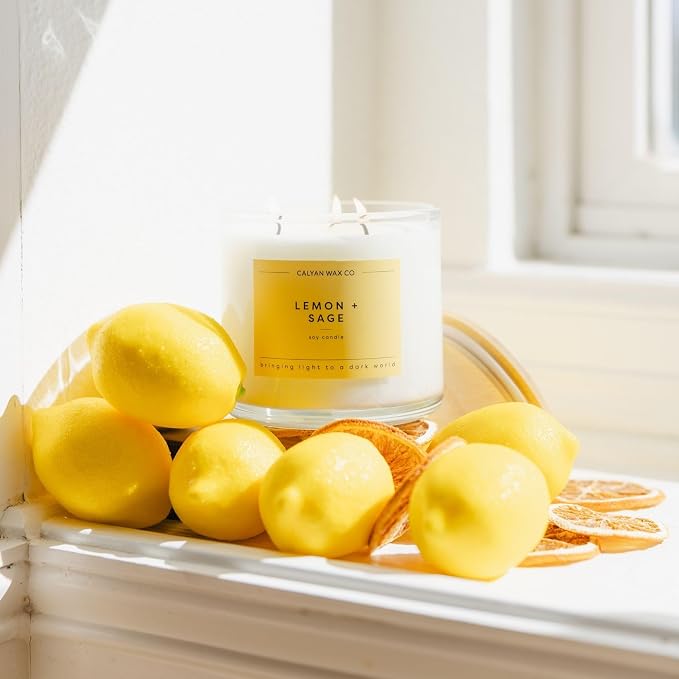 . Lemon & Sage 3 Wick Scented Candle - 43 Hour Burn - Luxury 3 Wick Soy Candles, alternate product view 5