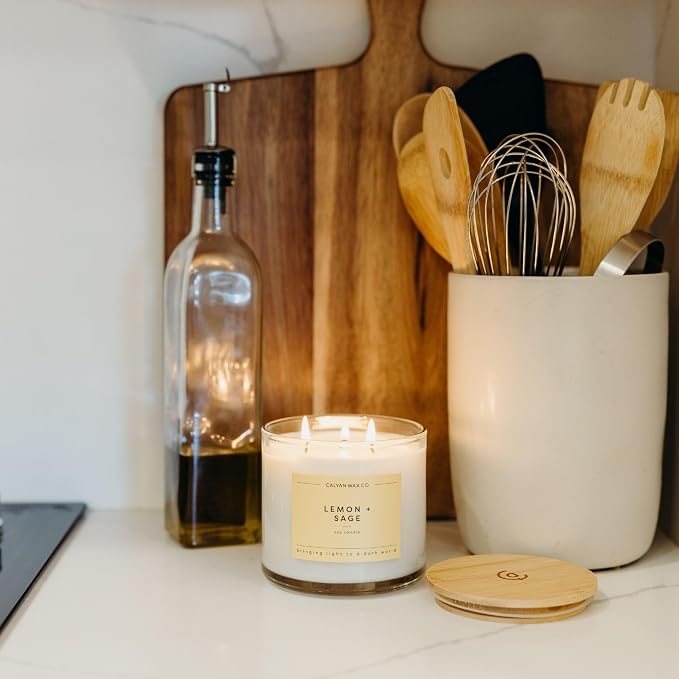 . Lemon & Sage 3 Wick Scented Candle - 43 Hour Burn - Luxury 3 Wick Soy Candles, alternate product view 6