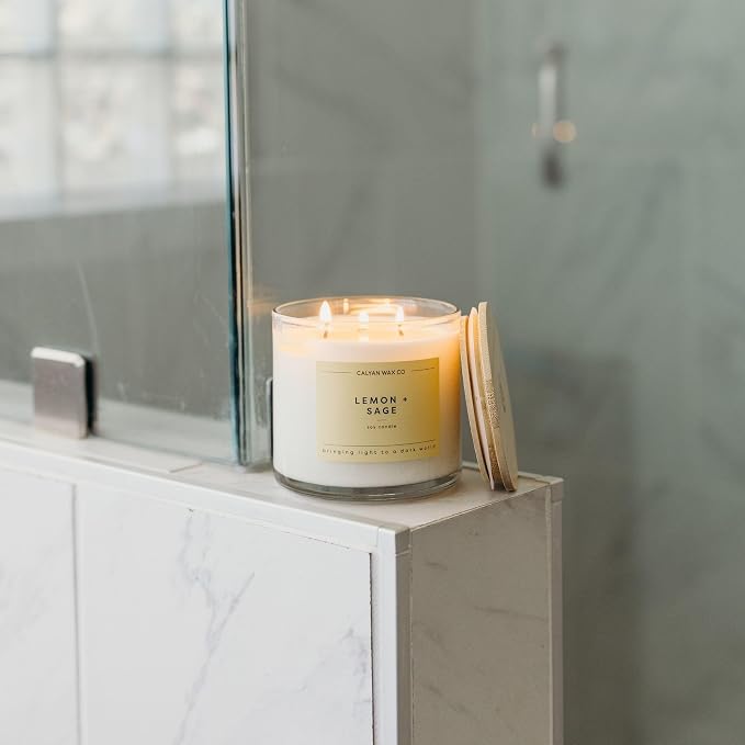 . Lemon & Sage 3 Wick Scented Candle - 43 Hour Burn - Luxury 3 Wick Soy Candles, alternate product view 8