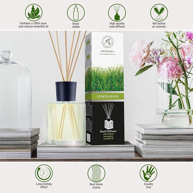 Lemongrass Reed Diffuser w/Natural Essential Lemongrass Oil 17 Fl Oz (500ml) - Intensive - Fresh and Long Lasting Fragrance