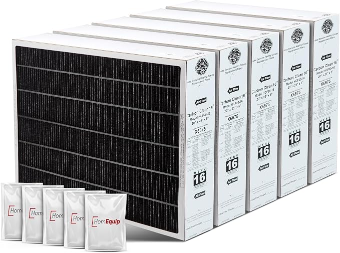 Lennox 20x25x5 Furnace Filter, X6675 Filter Replacement, Merv 16 Carbon Clean Filter Media with Disposal Bag 5-Pack (Actual