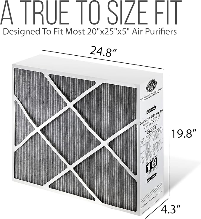Lennox 20x25x5 Furnace Filter, X6675 Filter Replacement, Merv 16 Carbon Clean Filter Media with Disposal Bag 5-Pack (Actual