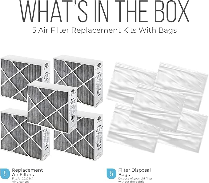 Lennox 20x25x5 Furnace Filter, X6675 Filter Replacement, Merv 16 Carbon Clean Filter Media with Disposal Bag 5-Pack (Actual