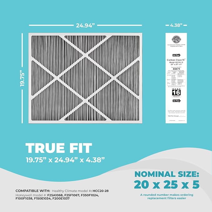 Lennox X6675 20x25x5 Air Filter, Carbon Clean Merv 16 Home Furnace Filter for HVAC system 4 Pack with, alternate view 2