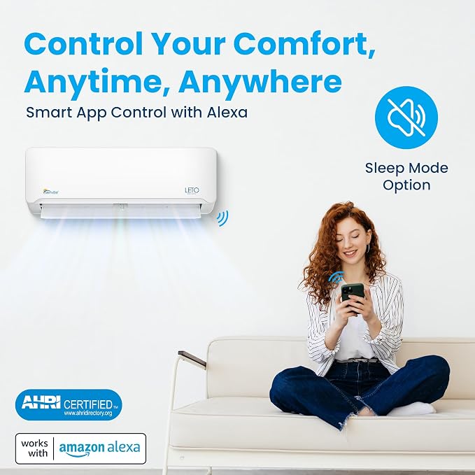 LETO Series Mini Split Air Conditioner Heat Pump, 12000 BTU 208/230V, Inverter, Works with Alexa, 1 Ton, White, alternate