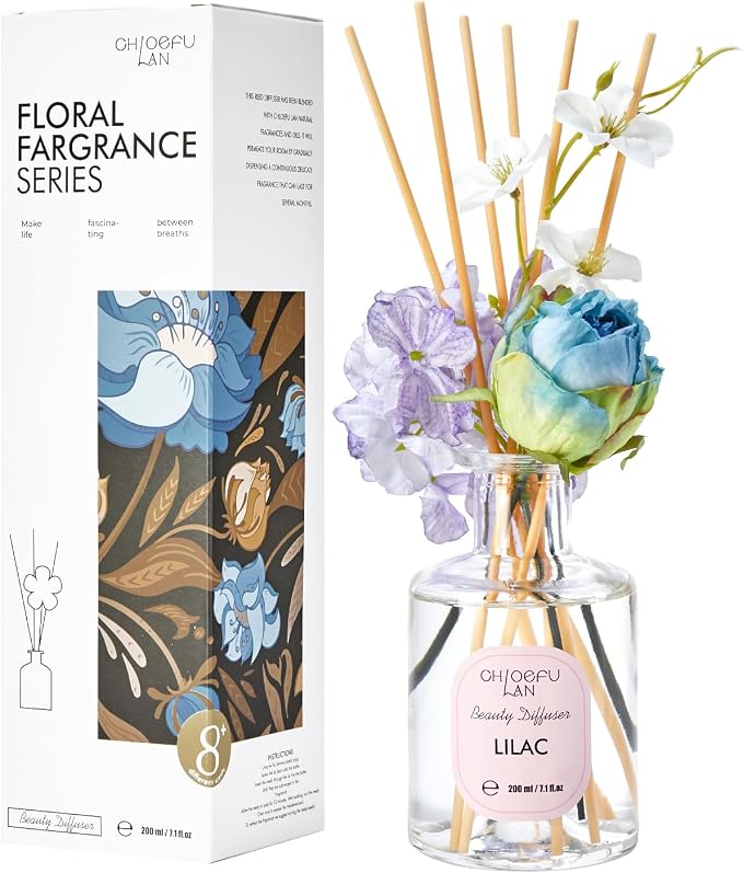 Lilac Reéd Diffuser Oil, 6.7 oz Refreshing Natural Essential Scented Oil with Purple Flower Diffuser Sticks,Bathroom Decor