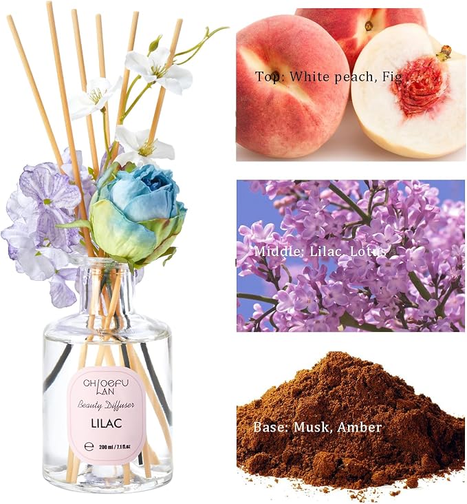 Lilac Reéd Diffuser Oil, 6.7 oz Refreshing Natural Essential Scented Oil with Purple Flower Diffuser Sticks,Bathroom Decor