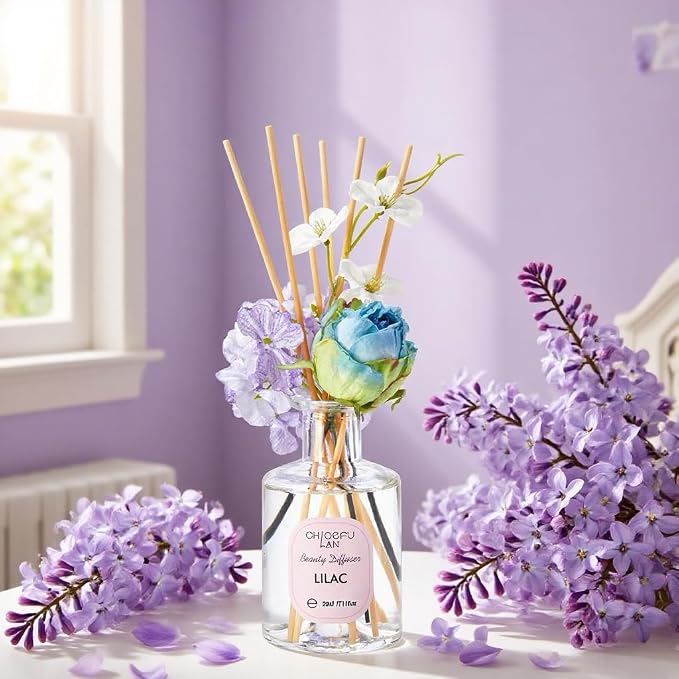 Lilac Reéd Diffuser Oil, 6.7 oz Refreshing Natural Essential Scented Oil with Purple Flower Diffuser Sticks,Bathroom Decor