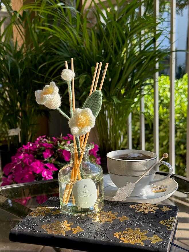 Lily of The Valley Reed Diffuser for Home | Fresh Floral Scent | Elegant Glass Bottle with Handmade Flower | Long-Lasting