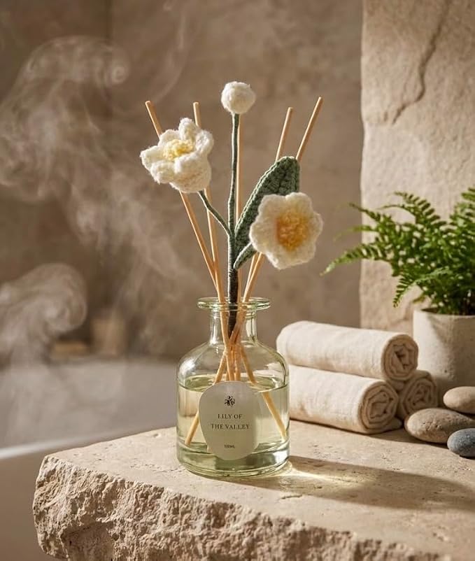 Lily of The Valley Reed Diffuser for Home | Fresh Floral Scent | Elegant Glass Bottle with Handmade Flower | Long-Lasting