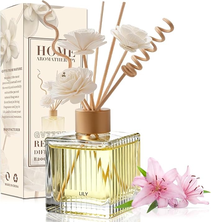 Lily Reed Diffuser Set - 6.7 oz Glass Bottle with 4 Rattan Sticks, 3 Dried Flowers | Adjustable, Long-Lasting Scent for Home