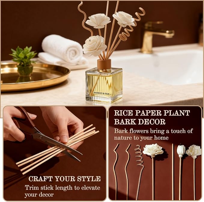 Lily Reed Diffuser Set - 6.7 oz Glass Bottle with 4 Rattan Sticks, 3 Dried Flowers | Adjustable, Long-Lasting Scent for Home