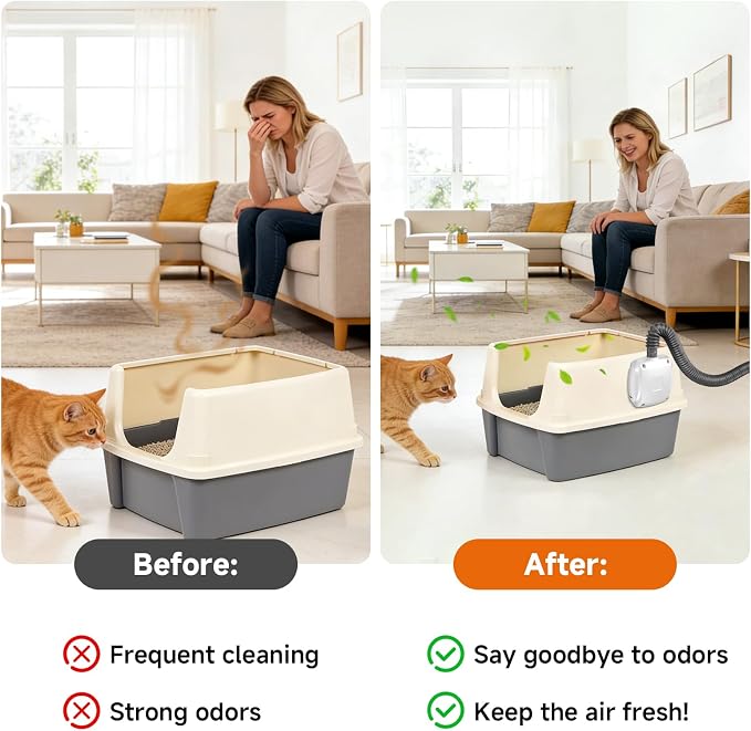 Litter Box Exhaust Fan Compatible with Multiple Models, Ozone Odor Eliminator for Strong Odor 99% Cat Litter Deodorizer Dog